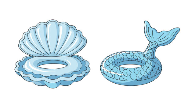 Pair of light blue inflatable pool floats shaped like an open clam shell and a mermaid tail for summer recreation.