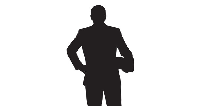 Pilot Silhouette graphic illustration of a professional airline pilot standing confidently while holding his uniform cap against a bright white background.