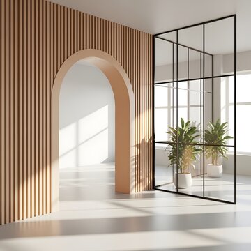 Modern interior with wooden curtains and glass partition illustration