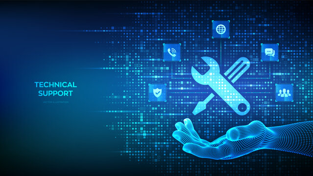 Technical support icon made with binary code in hand. Online tech support concept. Customer help. Customer service icons connections. Binary digital background with digits 1.0. Vector Illustration.