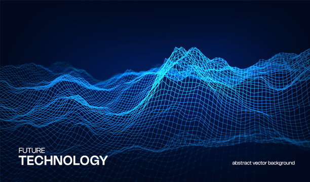 Abstract cyber ai background digital design with wireframe landscape grid line. 3D mountain and futuristic technology topographic big data concept. 