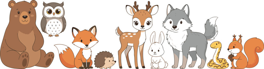 Obraz premium Cartoon forest animals illustration featuring bear, owl, fox, hedgehog, deer, rabbit, wolf, snake, and squirrel with cute expressions perfect for children’s educational materials and coloring pages