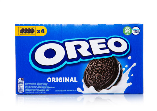 LONDON, UK - DECEMBER 05, 2024: Oreo Original black cookie with cream on white background.Enjoy with milk.