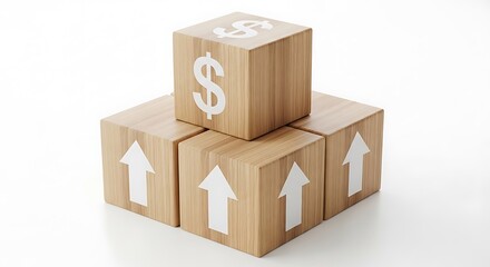 Fototapeta premium Wooden blocks with dollar sign and arrows indicating financial growth and increase