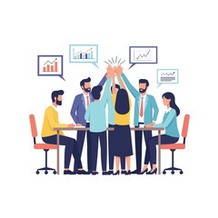 Diverse team high-fiving in meeting, celebrating success with charts