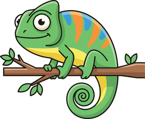 Fototapeta premium Cute green cartoon chameleon with orange and blue stripes on a branch Black outline coloring book