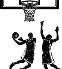 Basketball players silhouette, slam dunk action, defensive block illustration, hoop and net design, sports competition art, athletic game moment, dynamic scene © Ali