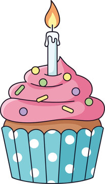 Pink frosted cupcake with candle and sprinkles Black outline coloring book