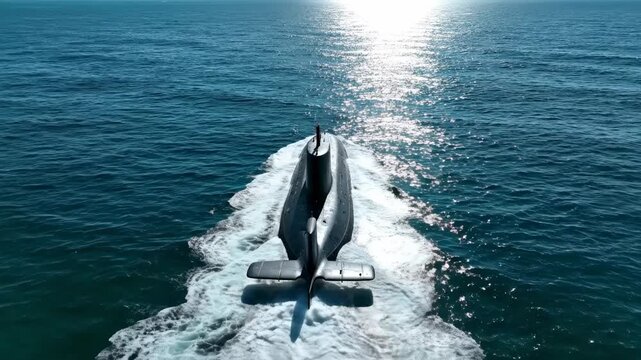 Powerful Submarine Cruising through Blue Ocean Water with Sun Reflection for Naval Defense Documentaries and Maritime Technology Presentations.