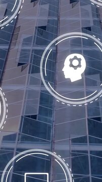 Vertical video: On play animated UI icons sliding down glass wall, showing search and learning