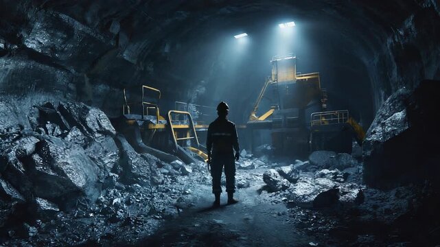 Miner Standing in Dark Underground Tunnel with Heavy Machinery, Focus on Safety and Industrial Operations.