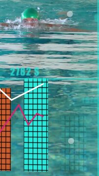Vertical video: Swimmer swimming to camera in pool, starting sports HUD with bars for training data