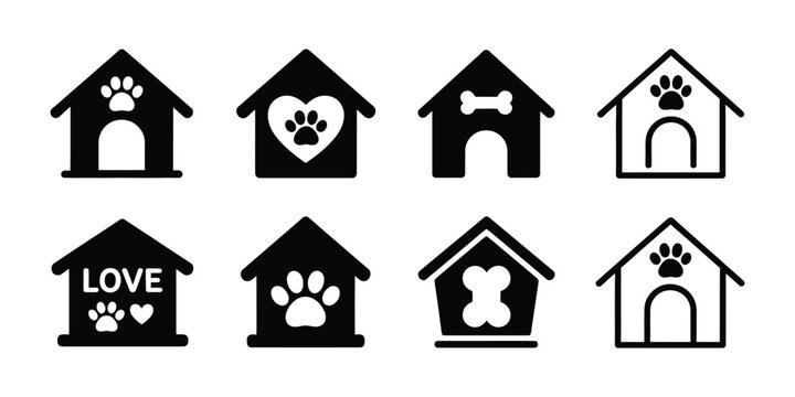 Dog house icon set with bone, love, heart, and paw symbols, black and white vector illustrations in different shapes, including outline and filled styles, perfect for pet care, kennel, and dog-related