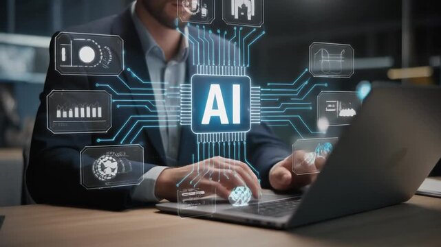 Businessman working on laptop with AI technology icons in office background