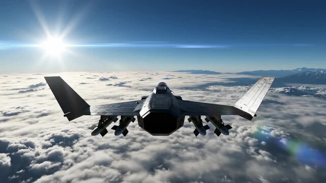 Advanced Stealth Fighter Jet Flying Above Clouds with Sun Flare Ideal for Military Documentaries and Cinematic Action Sequences.