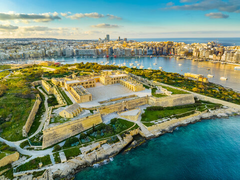 Drone sunset view of Fort Manoel on Manoel island, Gzira city. Malta island