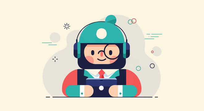 Friendly character with headphones and monocle wearing a suit, abstract background