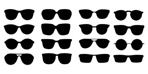Set of Sunglasses Silhouette Vector Icons. Collection of Trendy Eyewear Shapes Including Aviator, Heart, Round, and Retro Frames. Minimalist Black Eyeglasses Graphic Elements for Fashion Design.