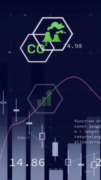 Vertical video: Data feed updating, icons clustering over chart, showing finance, CO2, wind metrics