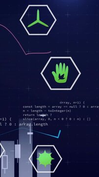 Vertical video: On data load hex icons drifting, passing while charts shifting showing market code