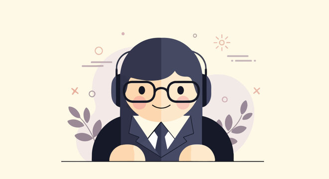 Friendly animated character with headphones and glasses, ready to assist