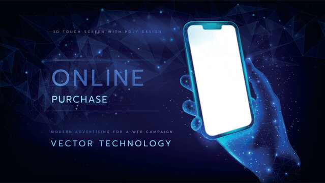 App phone. Hand smartphone. 3D touch screen with poly design. Man holds cellphone using smart device. Modern advert web campaign. Futuristic digital commerce, online purchase vector technology service