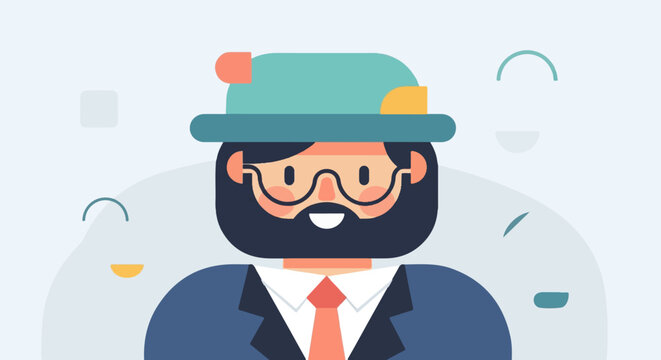 Friendly man with beard, glasses, and hat on light blue background