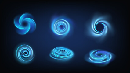 Naklejka premium Swirl effect. Round spin in dynamic motion. Light circle, air energy shape. Circular sparkle, current stream illumination. Tornado, spiral clean bubble. Vector transparent realistic isolated elements