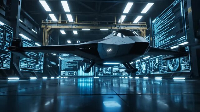 Futuristic Stealth Aircraft in High-Tech Hangar for Sci-Fi Concept and Aerospace Industry.
