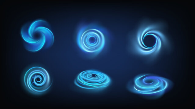 Swirl effect. Round spin in dynamic motion. Light circle, air energy shape. Circular sparkle, current stream illumination. Tornado, spiral clean bubble. Vector transparent realistic isolated elements