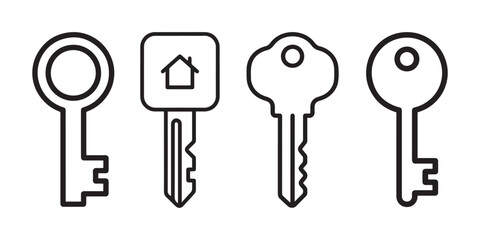 A Collection of Four Minimalist Black and White Line Art Key Icons Representing Security, Access, Real Estate, and Home Ownership.