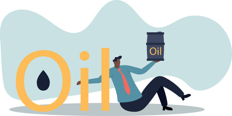 Fototapeta premium Oil Industry Concept . Man Sitting Near Oil Text Holding Barrel Vector Illustration.