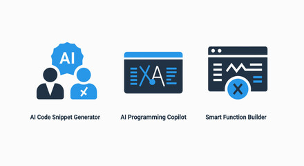 Fototapeta premium Ai code snippet generator, programming copilot, and smart function builder icons