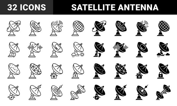 Satellite dish communication hybrid icons merging parabolic antennas with data binary code weather symbols house and security lock elements