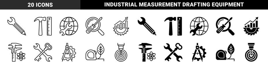 Fototapeta premium Linear and solid hybrid tool icons merging a wrench with a pencil hammer with a ruler and a screwdriver with a magnifying glass for creative engineering