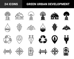 Obraz premium Hybrid ecological and urban symbols merging architectural cityscapes with organic nature elements like trees leaves mountains and renewable energy concepts