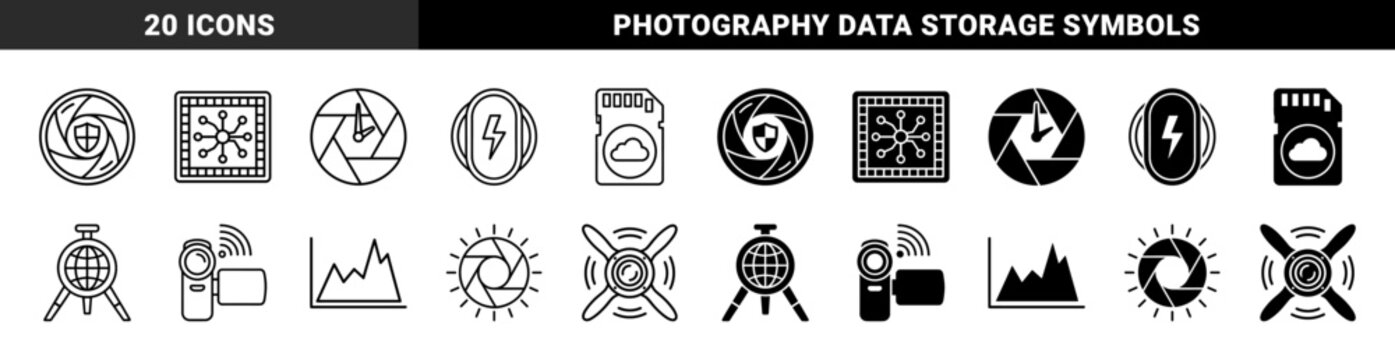 Hardware and Digital Media Hybrid Icons Featuring Camera Aperture Protection Data Storage Cloud Memory and Video Production Components