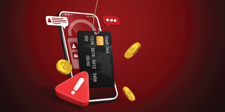 Phishing scam concept with fishing hook stealing credit card from smartphone screen, 3D illustration of financial fraud, cyber security breach, online theft and digital banking identity theft.	

