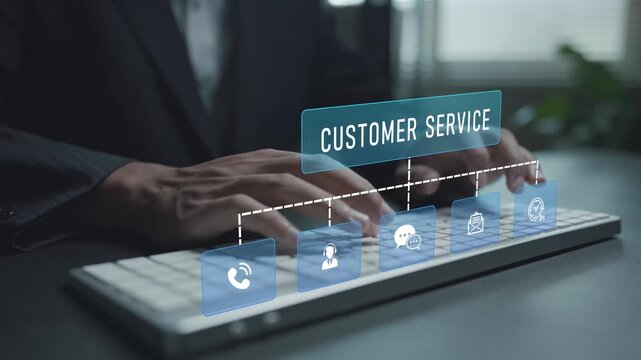 Customer service and contact us concept. Person typing keyboard with support hotline and communication icons, customer assistance, help desk service and online support.