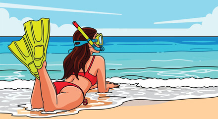 Woman with snorkel gear and flippers lying on tropical beach shore © Gimhana