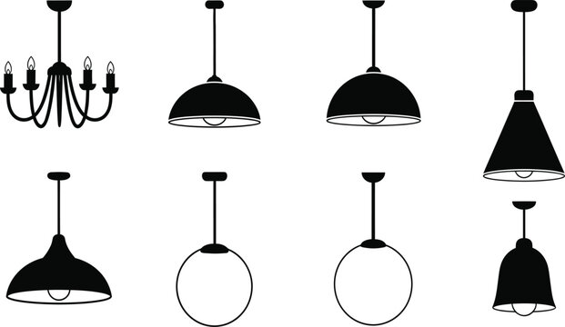 Pendant lamp and chandelier icon set with modern hanging lights interior lighting fixtures vector illustration isolated background