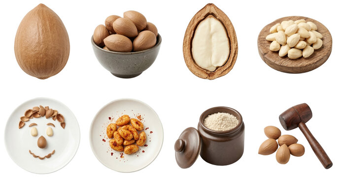 set of nangai nuts (canarium indicum) with powder and wooden mallet on black background