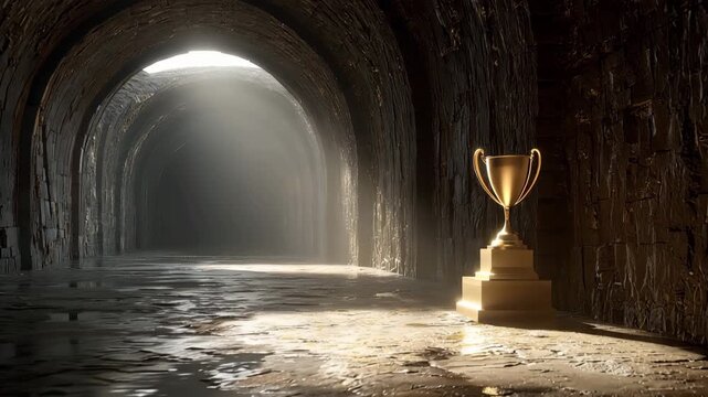 Ultra HD Gold Winner Cup Placed on Pedestal Inside a Mysterious Dark Corridor with Ethereal Sunlight Beams, High Resolution Concept of Victory and Personal Triumph Video.
