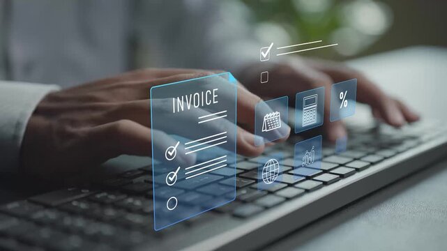 Invoice management concept. Person typing keyboard with billing and financial document icons, digital invoicing, payment processing and accounting workflow.