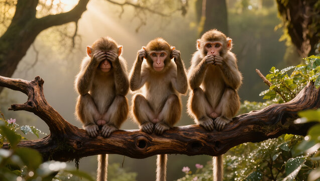 Three Wise Monkeys See Hear Speak No Evil on Branch in Golden Sunlight
