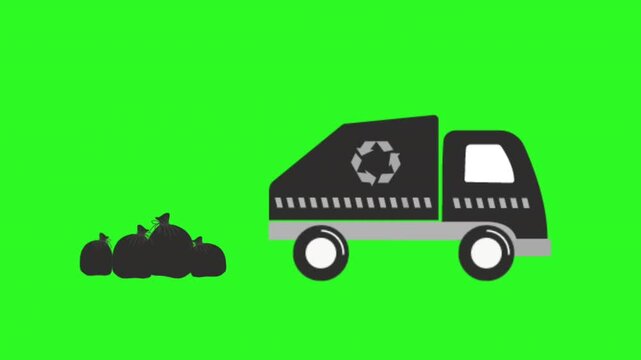 Garbage Truck Animation. Garbage Collection. Garbage Truck Drives and Collects Trash. Black Truck, Black Garbage Bags. Video in Black, White on Green Screen