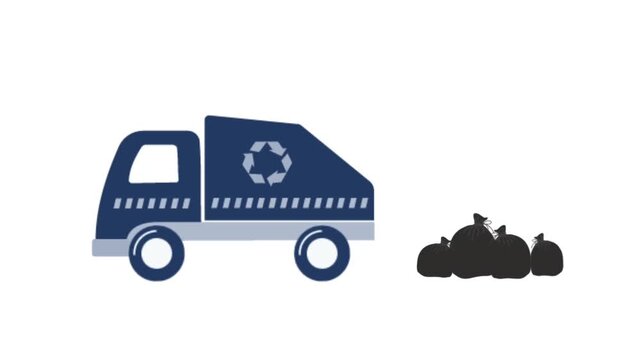 Garbage Truck Animation. Garbage Collection. Garbage Truck Drives and Collects Trash. Blue Truck, Black Garbage Bags. Video in Blue, Black on White