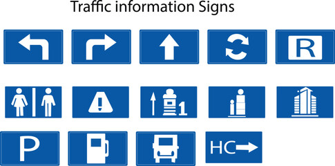 Fototapeta premium Vector illustration set of man and woman icons in blue and red circles featuring business web buttons and directional road traffic sign symbols