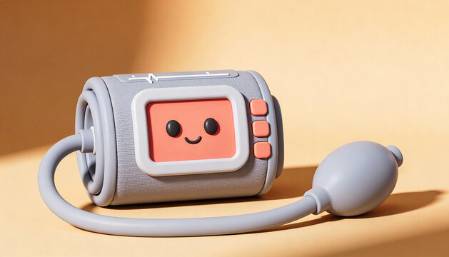 Friendly 3D blood pressure monitor with smiling screen, symbolizing heart health, medical monitoring, home healthcare, and wellness tracking devices.