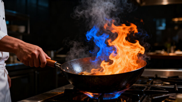 Professional chef flambeing food in wok with dramatic blue and orange fire flames in restaurant kitchen